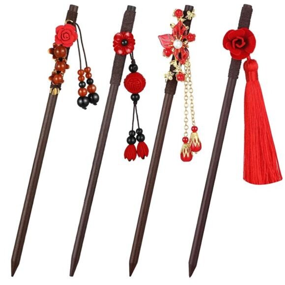 4 Pcs Retro Geisha Red Wooden Hairpins Japanese Hair Stick Asian Hair Chopsticks - Picture 1 of 7